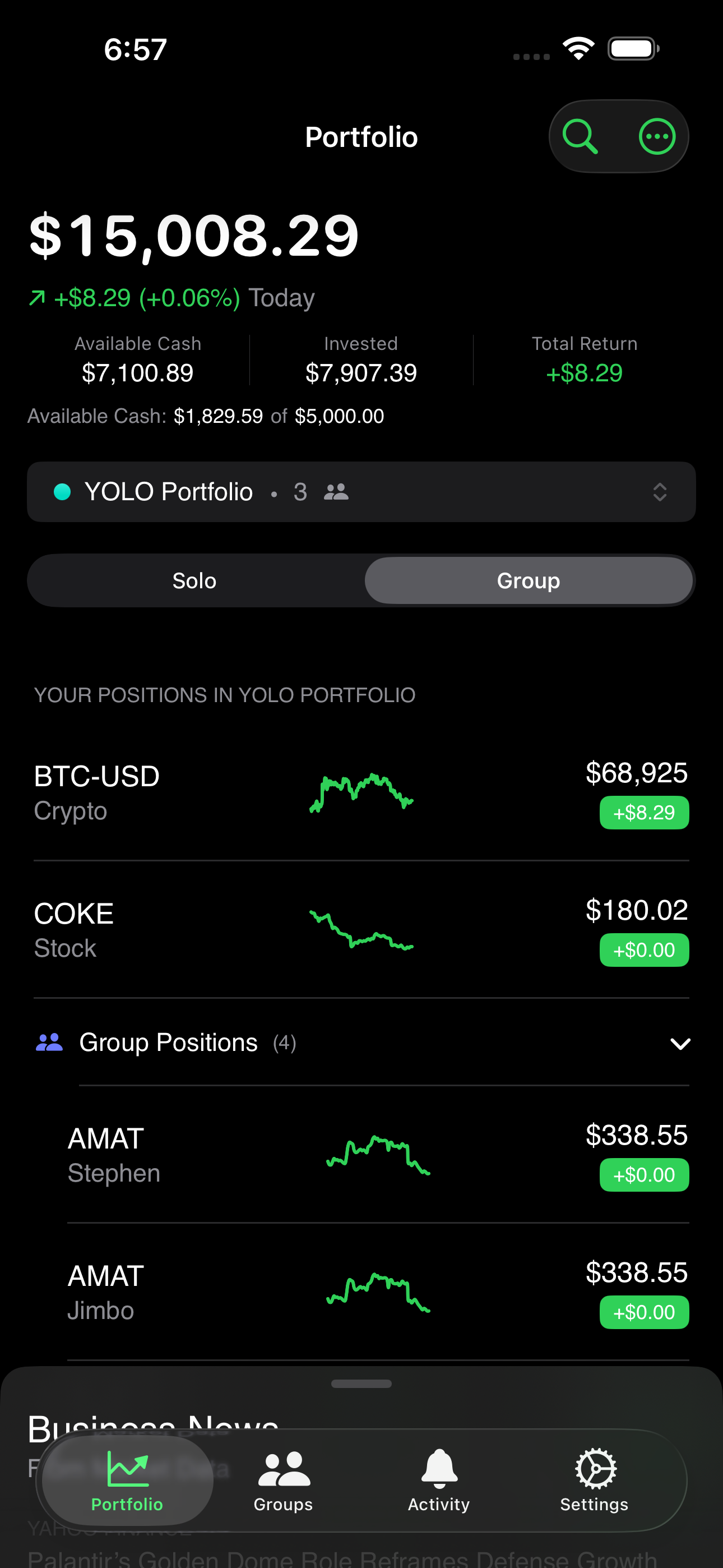 Group Portfolio showing $15,008 with your and group positions