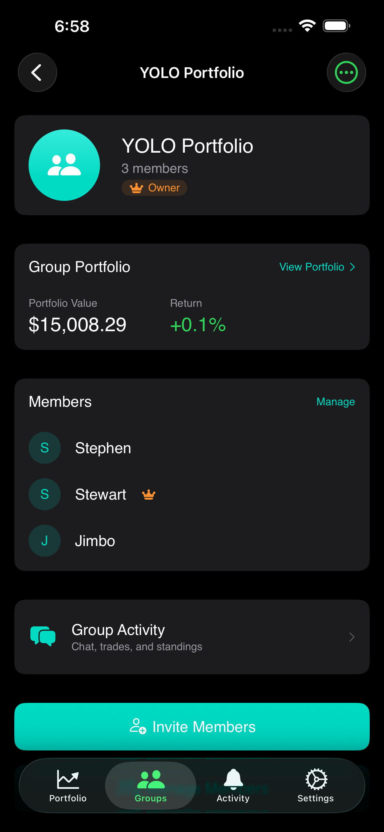 YOLO Portfolio group with 3 members and Invite Members button