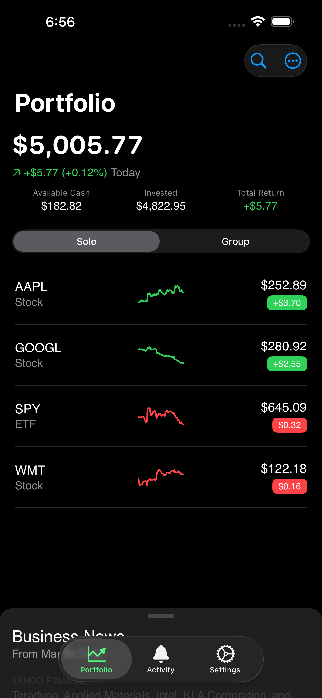 Solo Portfolio showing $5,005 value with real sparklines